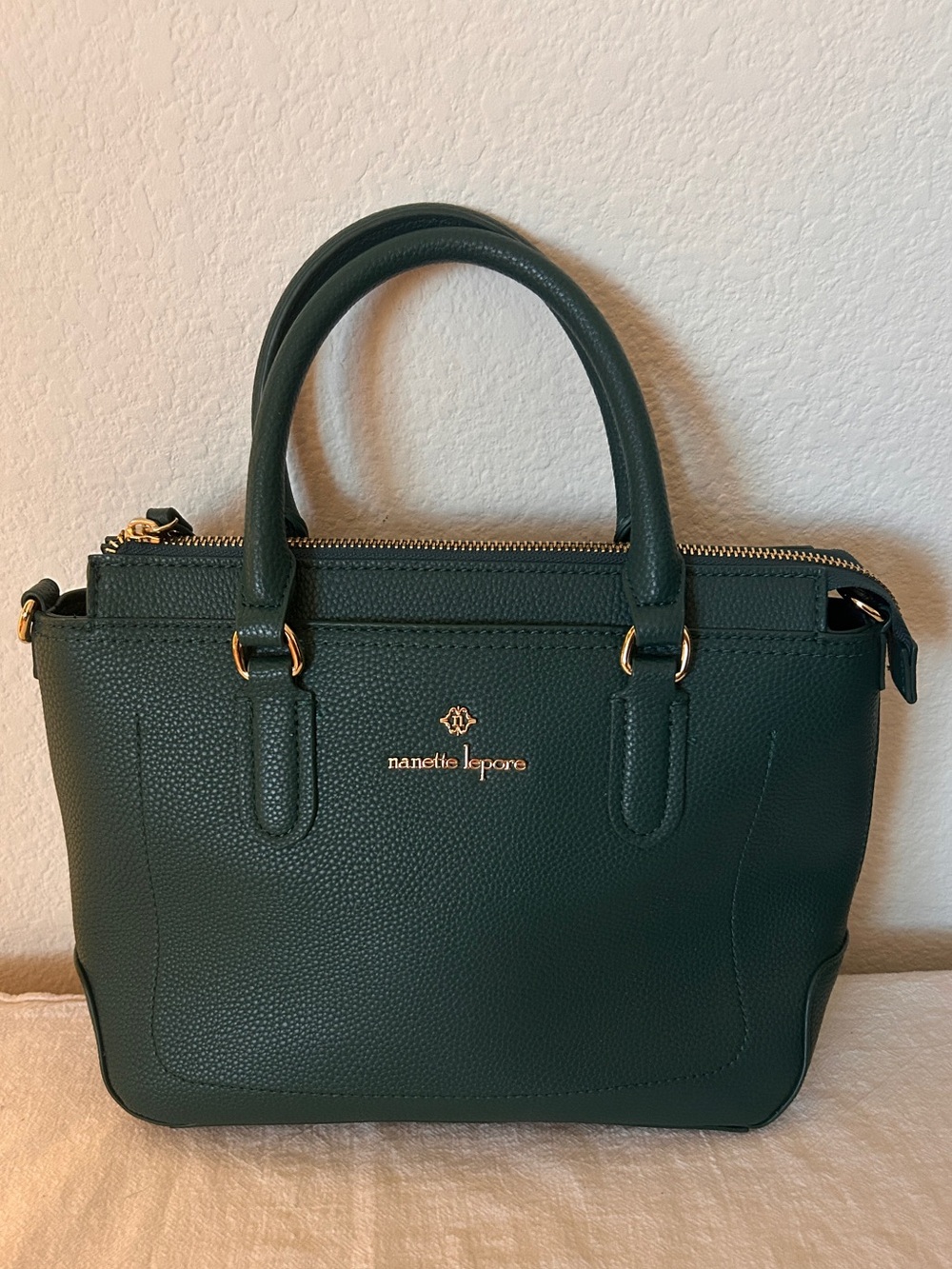 Nanette Lepore Dark Green Pebbled Faux Leather Satchel with Gold Hardware
